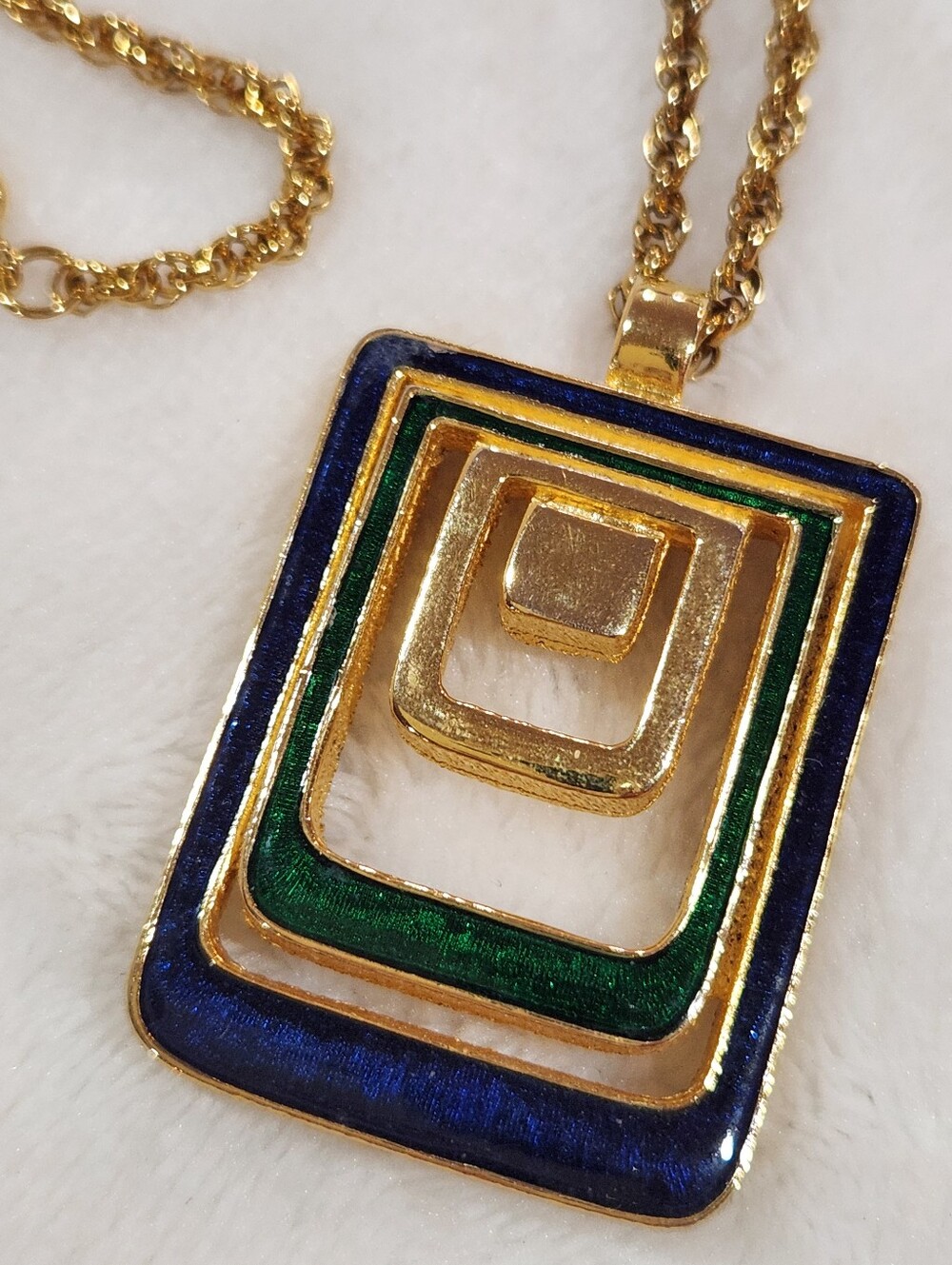 Vintage Green & Blue Enamel, Golden Tone Metal Necklace